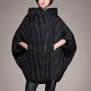 Oversized Black Duck Down Coat, Hooded Winter Outwear