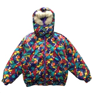 Vintage REVERSIBLE Goose Down Puffer Jacket Fullprint Multicolour New New Essess Fashion L size