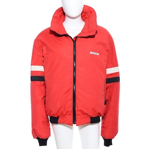 Vintage Alpine Designs Red Black White Striped Goose Down Puffy Ski Jacket Size L