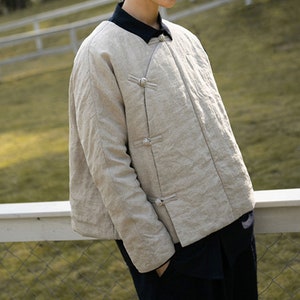 J013---Woman's Collarless Flax Linen Goose Down Chinese Jacket / Tang Coat , Light Weight Puffer Down Jacket, Made to Order.