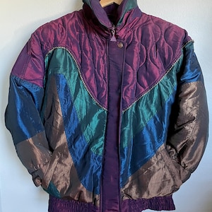 Vintage Iridescent Puffer Coat: Patchwork Quilted Down Ski Jacket