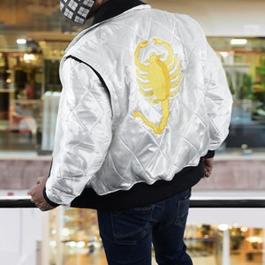 Motorcycle Ryan Drive Gosling Scorpion Logo Ivory White Bomber Satin winter jacket- Handcrafted Lightweight Varsity Sports Biker Jacket