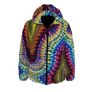 Psychedelic Puffer Coat, Trippy Fractal Puff, Genuine Duck Down Jacket, Unisex Winter Puffer Coat , Puffy Zip Up Winter Tie Dye Tied Dyed