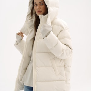 Ivory winter jacket, Hooded down jacket, Vegan puffer jacket, Fashionable puffer, Snow jacket, Oversized jacket, woman's puffer jacket