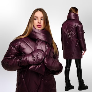 Dark Purple Puffer Coat Set: Winter Down Jacket, Scarf & Mittens