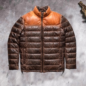 Men's Lambskin Leather Puffer Jacket: Winter Outdoor Coat