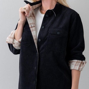 Corduroy Reversible Button Down Shacket Women's Fall Winter Jacket Camel Cream Black Blue Olive Rust with Reversible Plaid Flannel Gift her