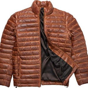Distressed Tan Leather Puffer Jacket: Handmade Lambskin Quilted Down Winter Coat