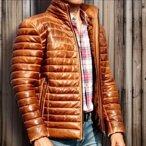 Men's Puffer Down Jacket Distressed Brown Lambskin Quilted Lightweight Winter Coat