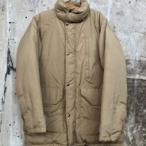 M 1980s Tan North Face Goose Down Quilted Nylon Insulsted Parka Down Coat Cold Weather Jacket 70s 80s 1970s