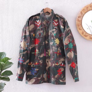 Embroidered Vintage Camo Jacket |  Bohemian Floral Military Shirt | Reclaimed Army Utility Button-Down Jacket