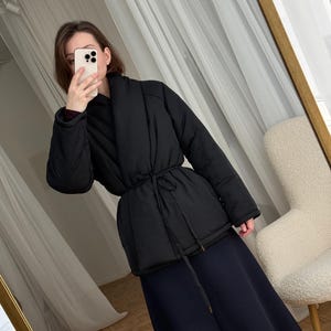 Black Wrap Jacket Padded Kimono Jacket Winter Puffer Coat Stand Collar Down Jacket Japanese Jacket Coat Womens Clothing