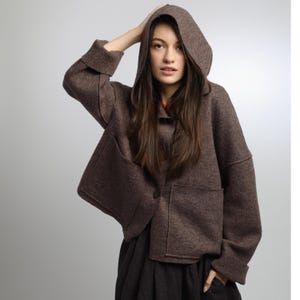UMMA Oversized Boiled Wool Hooded Coatigan with Patch Pockets, Minimalist Unlined Boxy Pullover, Button Down Fall Cropped Jacket