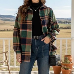 Striped Flannel Plaid Shacket Jacket Overcoat Button Up Long Sleeve Layered Shirt Wool Coat Plaid Long Shirt Cuff Button Down Oversized Top