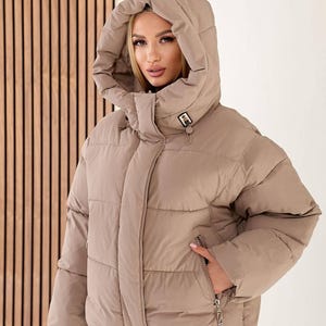 Beige Oversized Puffer Jacket Women – Waterproof Packable Hooded Winter Outerwear with Bio Down Warm Minimalist Coat