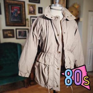 Vintage 80s Eddie Bauer Goose Down Puffer Jacket Drawstring Waist Tan Coat M