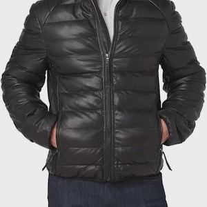 Mens Black Genuine Leather Lambskin Padded Quilted Down Puffer Jacket