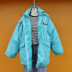 80s 90s Hooded Teal BLue Green Puffy Parka Winter Jacket | Down Quilted Winter Coat | Size Large Puffer Down Jacket