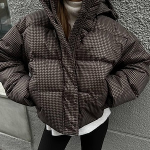 Warm Oversized Puffer Coat with Detachable Hood and Waterproof Matte Finish, Eco Down Winter Jacket, One Size, Chocolate, Graphite