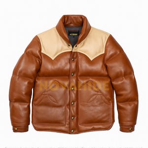 Handmade Western Leather Puffer Jacket | Tan Down Coat, Cowboy Style