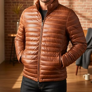 Handmade Brown Lambskin Leather Puffer Jacket: Men's Winter Bomber Coat