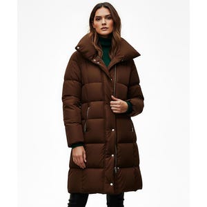 Long belted goose down jacket for women, designed and produced in Italy.