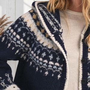 Navy Nordic Soft Button Down Knit Hooded Winter Cardigan Sweater Jacket