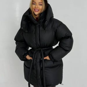 Oversized Black Puffer Coat, Hooded Quilted Down Jacket