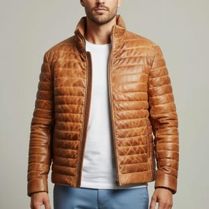 Puffer Jacket Men's Real Lambskin Leather, Brown Quilted Down Jacket