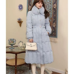 Blue Winter Down Coat with Faux Fur Collar, 90% Duck Down Long Puffer Jacket