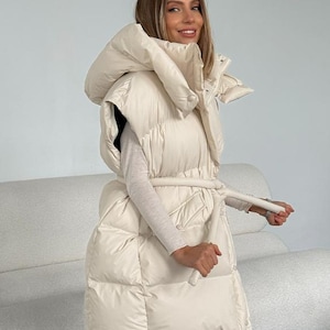 Oversized Puffer Vest Jacket 2 in 1, Removable Hood and Sleeves, Eco Down Winter Coat, Waterproof Windproof Membrane Fabric, Women XS M