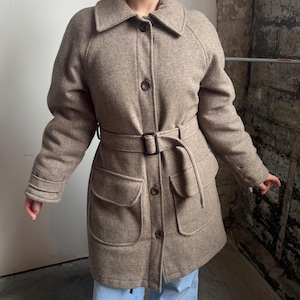 Vintage Eddie Bauer Wool & Goose Down Belted Car Coat ~ Raglan Sleeves and Matching Belt ~ Heavy Winter Jacket ~ Women’s Small / Medium