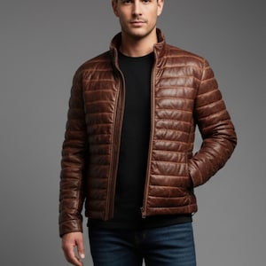 Men's Puffer Real lambskin leather Down insulated jacket  Stylish winter outerwear for men