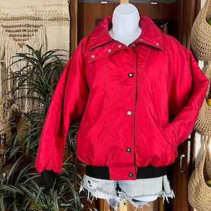 Vintage 90s Red Down Bomber Jacket L | Comfy USA Made Cherry Coded Ski Puffer | Swan Zipper Y2K Streetwear Retro Maximalist Winter Coat