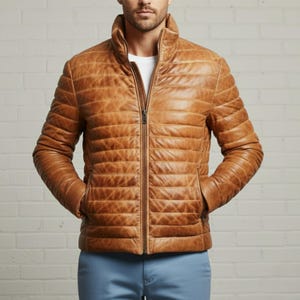 Leather Jacket Men’s Puffer Down Quilted Lambskin Bubble Coat for Winter Fashion Gift