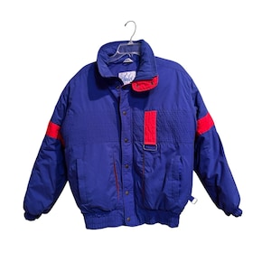 Vintage Chalet Duck Down Jacket Blue Red Colorblock Puffer Coat Men's M 80s