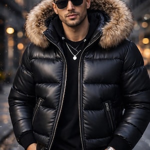 Men's Black Leather Puffer Jacket | Fur Hood, Winter Coat | Men Winter Jacket | Mens fur hood jacket | Puffer Jacket Perfect Gift for Him