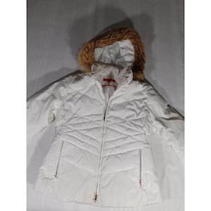 Anne Klein Jacket Womens Large White Down Puffer Hooded Fur Trim Zip Coat
