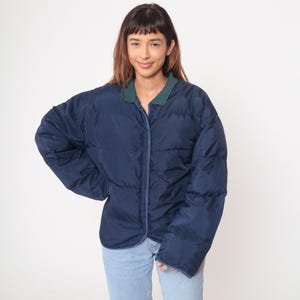 Down Puffer Jacket Liner 90s Dark Blue Shell Green Collar Quilted Duck Down Fill Bomber Style Vintage Winter Coat Warm Gorpcore Medium M