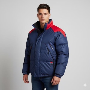 Vintage 90s Polo Ralph Lauren Blue Red Down Puffer Coat - Large