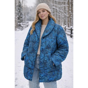 VtGallery Blue Floral Quilted Down Puffer Coat Jacket XS 80s 90s Retro