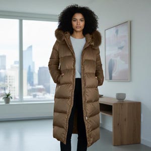 Bronze Metallic Long Hooded Puffer Coat Women's Winter Maxi Down Jacket with Fur Hood