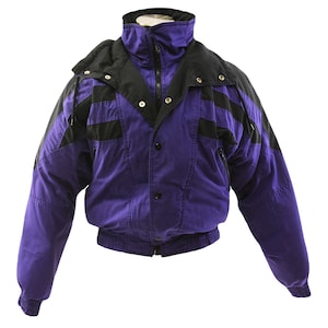 80s Vintage Womens Down Puffer Coat Womens M Purple Black Colorblock Ski Coat Retro Winter Streetwear 90s Snowboard Jacket