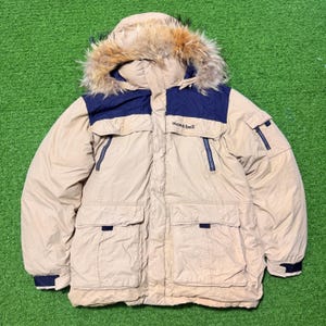 Vintage Montbell Down Parka Jacket Fur Hood Heavyweight Puffer Beige Navy Large
