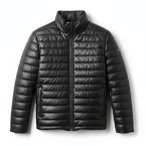 Men's Black Lambskin Leather Puffer Jacket: Down-Filled Winter Coat