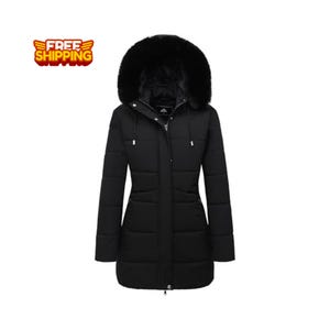 Womens Winter Puffer Coat Fleece Lined Waterproof Down Jacket Faux Fur Hood Parka