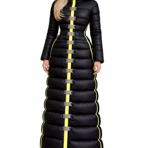 Women’s Long Black Hooded Puffer Coat | Neon Zip Buckle Detail Winter Down Jacket