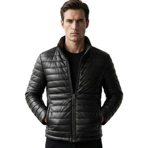 Men's Black Lambskin Leather Puffer Jacket: Down-Insulated Biker Coat