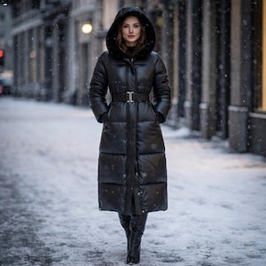 Women's Black Leather Puffer Coat with Hood | Long Quilted Winter Jacket with Waist-Defining Belt