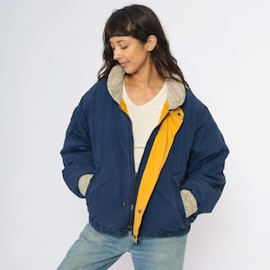 90s Dark Blue Bomber Jacket Cotton Down Fill Sherpa Collar Cuffs Yellow Lining Zip Front Insulated Winter Coat John Ashford Vintage Large L